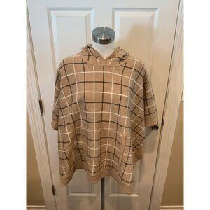 Tahari Tan Hooded Poncho W/ Black & White Plaid Pattern,  Size OS